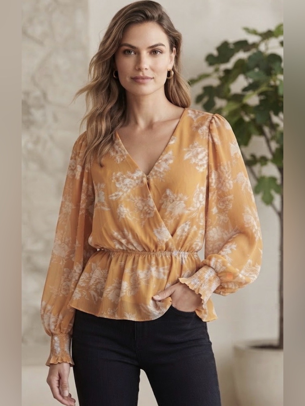Lovecolette Mustard Yellow Floral Surplice Peplum Blouse - Size L